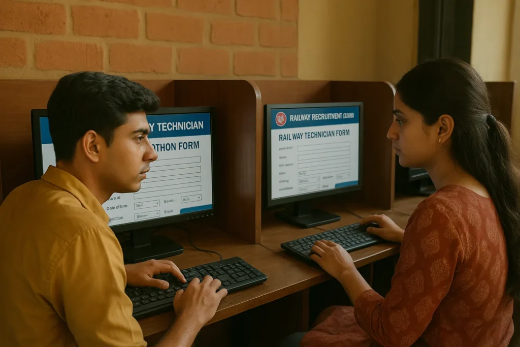 Candidate Filling Railway RRB Technician Online Form at Cyber Cafe