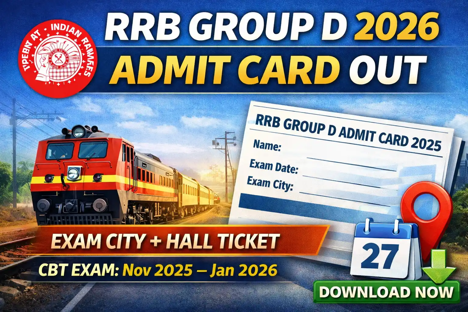 Read more about the article Railway RRB Group D Exam City / Admit Card 2026 – Download CBT Hall Ticket, Check Exam Date